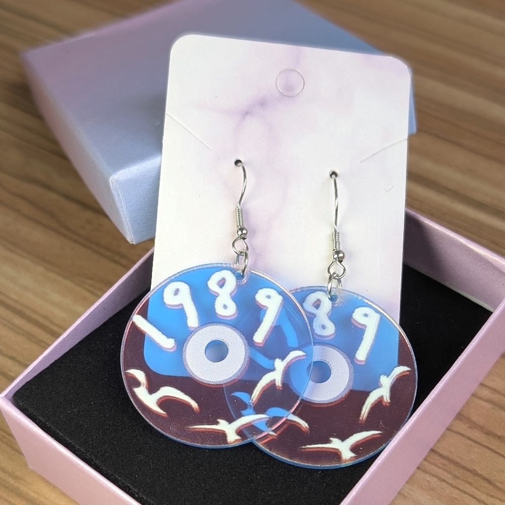 Swiftie 1989 seagull cd record dangle earring iridescent rainbow clear acrylic
